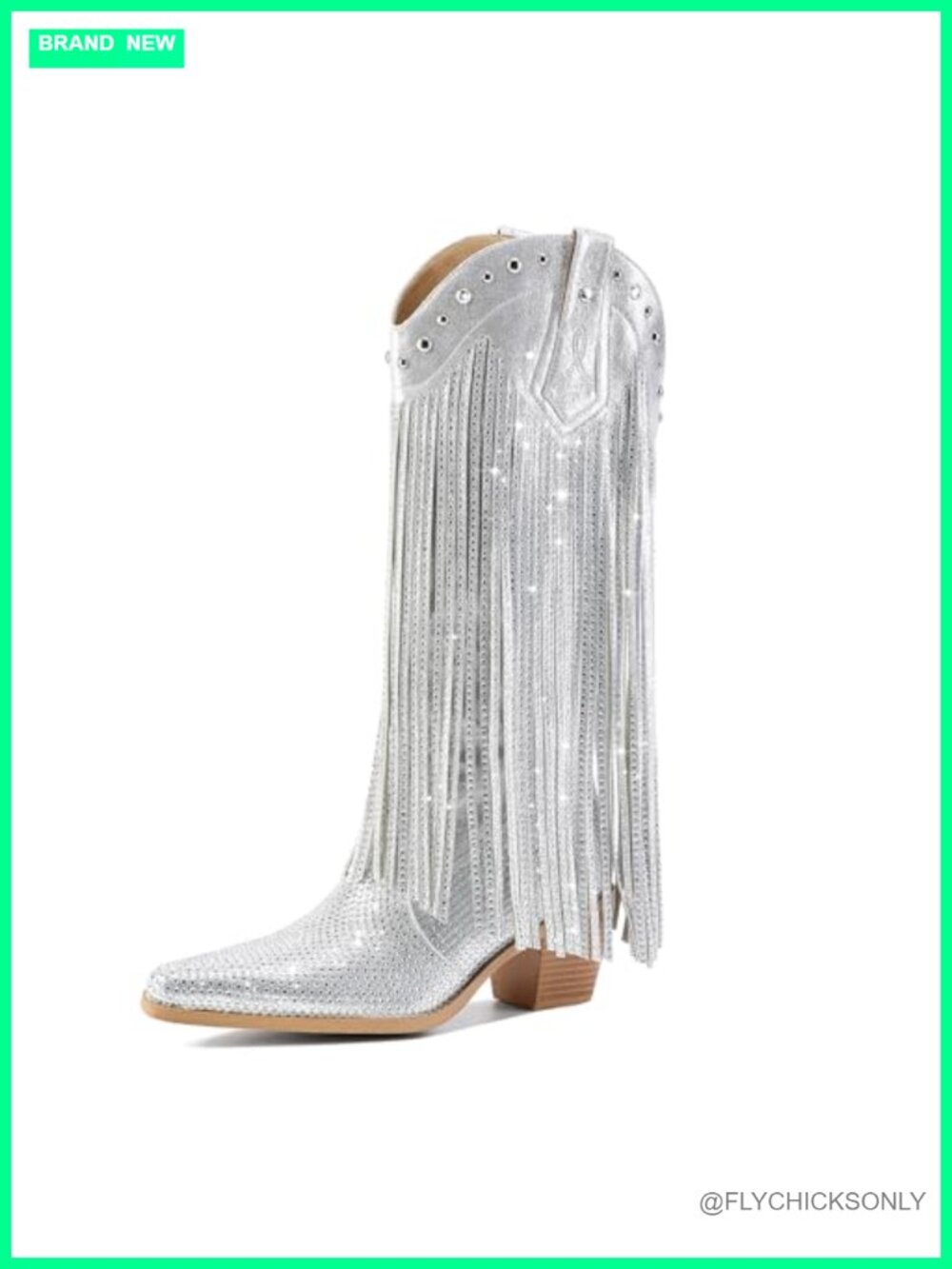 Faux Leather Rhinestone Fringe Western Boots Pointed Toe Mid Calf Pull On